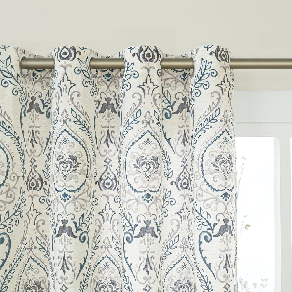 Set of 2 Curtain Panels, 52 x 63", Linen Blend Curtains (Greyish Blue Damask)